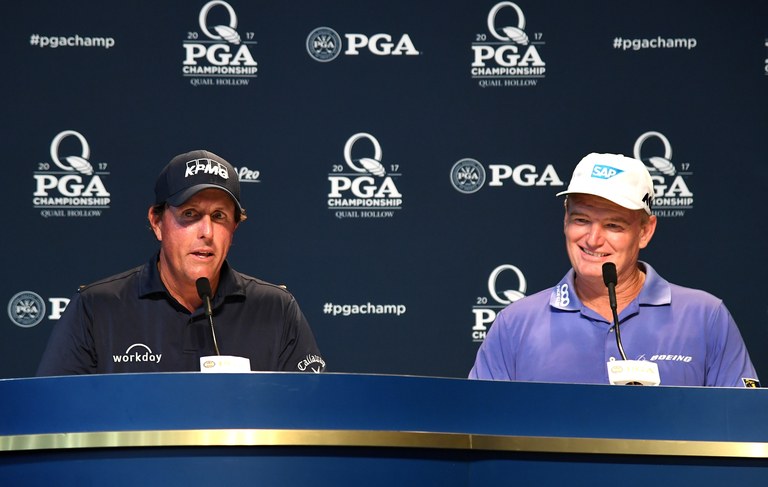 CHARLOTTE, NC - AUGUST 08:  Phil Mickelson of the United States and Ernie Els of South Africa celebrate thier 100th major championship during a press conference prior to the 2017 PGA Championship at Quail Hollow Club on August 8, 2017 in Charlotte, North Carolina.  (Photo by Ross Kinnaird/Getty Images)