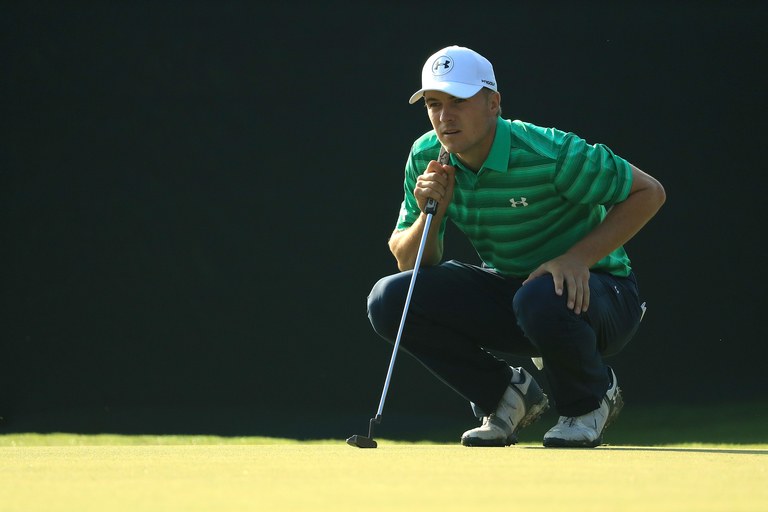 CHARLOTTE, NC - AUGUST 10:  Jordan Spieth of the United States lines up a putt on the 10th hole during the first round of the 2017 PGA Championship at Quail Hollow Club on August 10, 2017 in Charlotte, North Carolina.  (Photo by Mike Ehrmann/Getty Images)