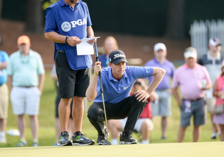 CHARLOTTE, NC - AUGUST 11:  Webb Simpson eyes his putt on the 10th green during 2nd round action at the PGA Championship at the Quail Hollow Club on August 11, 2017 in Charlotte, NC. (Photo by Doug Buffington/Icon Sportswire via Getty Images)