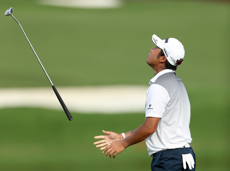 CHARLOTTE, NC - AUGUST 13:  Hideki Matsuyama of Japan reacts by throwing his putter as he just misses a short par putt on the par 4, 16th hole during the final round of the 2017 PGA Championship at Quail Hollow on August 13, 2017 in Charlotte, North Carolina.  (Photo by David Cannon/Getty Images)