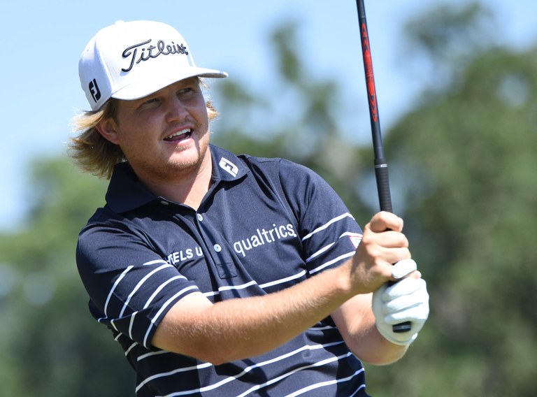 GREENSBORO, NC - AUGUST 19: Zac Blair tees off on the 16th hole during the third round of the Wyndham Championship on August 19, 2017 at Sedgefield Country Club in Greensboro, NC. (Photo by William Howard/Icon Sportswire via Getty Images)