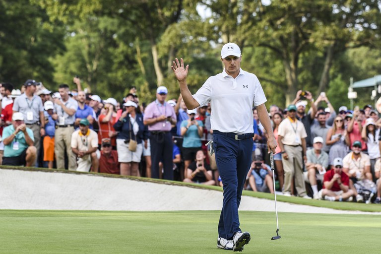 OLD WESTBURY, NY - AUGUST 27:  Jordan Spieth waves to fans after his putt on the 18th hole green during the final round of THE NORTHERN TRUST at Glen Oaks Club on August 27, 2017 in Old Westbury, New York. (Photo by Keyur Khamar/PGA TOUR)