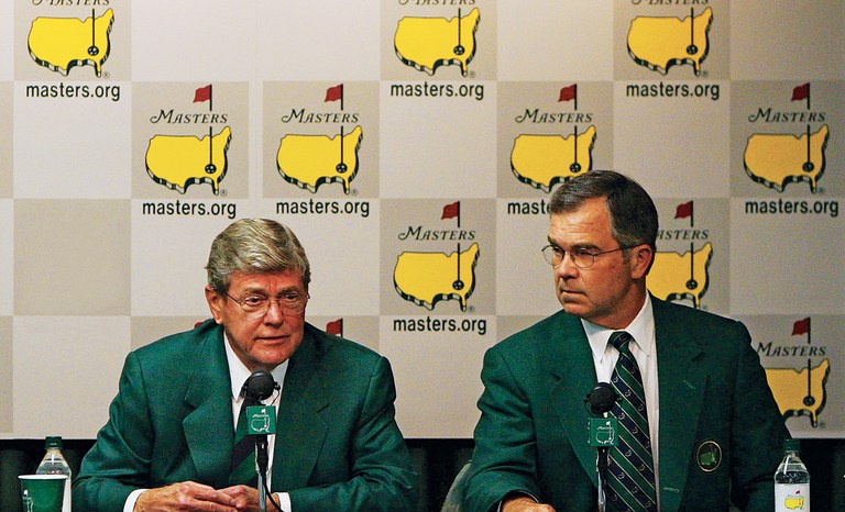 Hootie Johnson and Billy Payne at a press conference for the 2006 Masters 