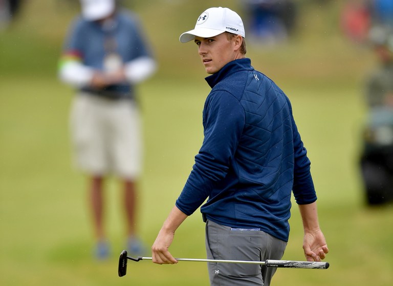 Jordan Spieth celebrates an eagle on the 15th hole during the final round of the 146th Open Championship at Royal Birkdale.