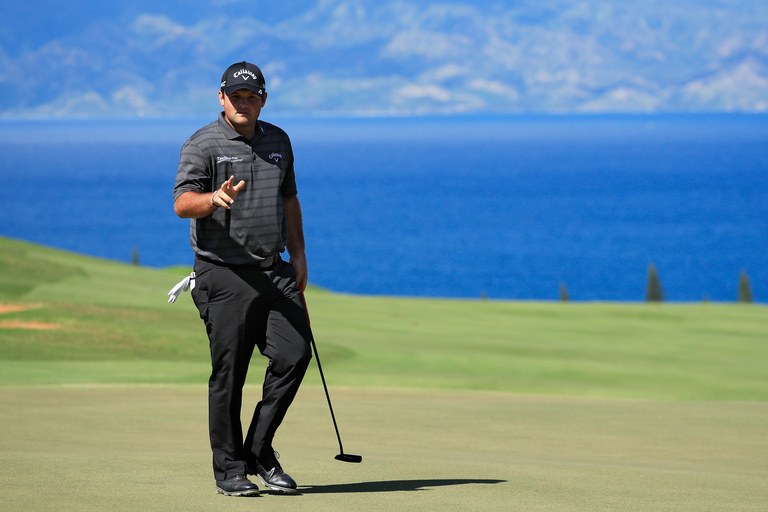 LAHAINA, HI - JANUARY 06:  Patrick Reed of the United States reacts after putting on the fourth green during the second round of the SBS Tournament of Champions at the Plantation Course at Kapalua Golf Club on January 6, 2017 in Lahaina, Hawaii.  (Photo by Cliff Hawkins/Getty Images)