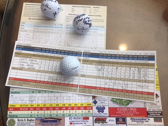 The scorecards and golf balls from Matt Moroz's three aces in eight days.