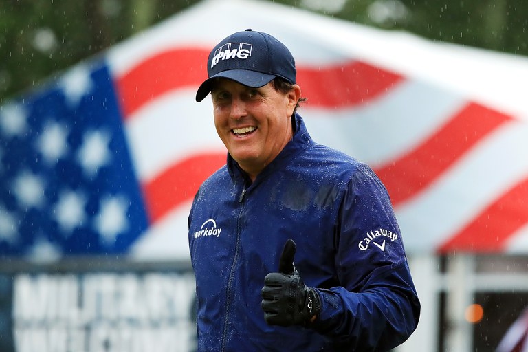 NORTON, MA - SEPTEMBER 03:  Phil Mickelson of the United States walks to the 17th tee during round three of the Dell Technologies Championship at TPC Boston on September 3, 2017 in Norton, Massachusetts.  (Photo by Andrew Redington/Getty Images)