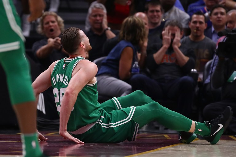 CLEVELAND, OH - OCTOBER 17:   Gordon Hayward #20 of the Boston Celtics is sits on the floor after being injured while playing the Cleveland Cavaliers at Quicken Loans Arena on October 17, 2017 in Cleveland, Ohio. NOTE TO USER: User expressly acknowledges and agrees that, by downloading and or using this photograph, User is consenting to the terms and conditions of the Getty Images License Agreement.  (Photo by Gregory Shamus/Getty Images)