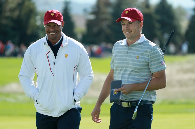 JERSEY CITY, NJ - SEPTEMBER 30: Jordan Spieth of the U.S. Team and Tiger Woods, Captains Assistant of the U.S. Team on the course during the afternoon four-ball matches at the Presidents Cup at Liberty National Golf Club on September 30, 2017, in Jersey City, New Jersey. (Photo by Scott Halleran/PGA TOUR)