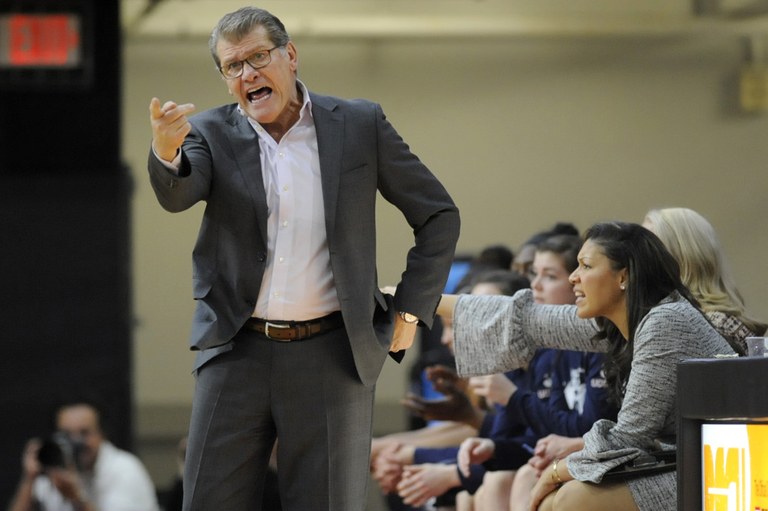 Connecticut Huskies head coach Geno Auriemma looks for a call during the first half against Temple on Sunday, Jan. 21, 2018 at McGonicle Hall in Philadelphia, Pa. UConn won 113-57. (John Woike/Hartford Courant/TNS via Getty Images)