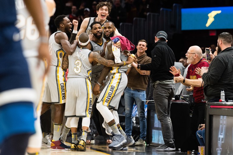 CLEVELAND, OH - FEBRUARY 7: LeBron James #23 of the Cleveland Cavaliers celebrates with teammates after scoring the game winning point in the last second of  overtime against the Minnesota Timberwolves at Quicken Loans Arena on February 7, 2018 in Cleveland, Ohio. 