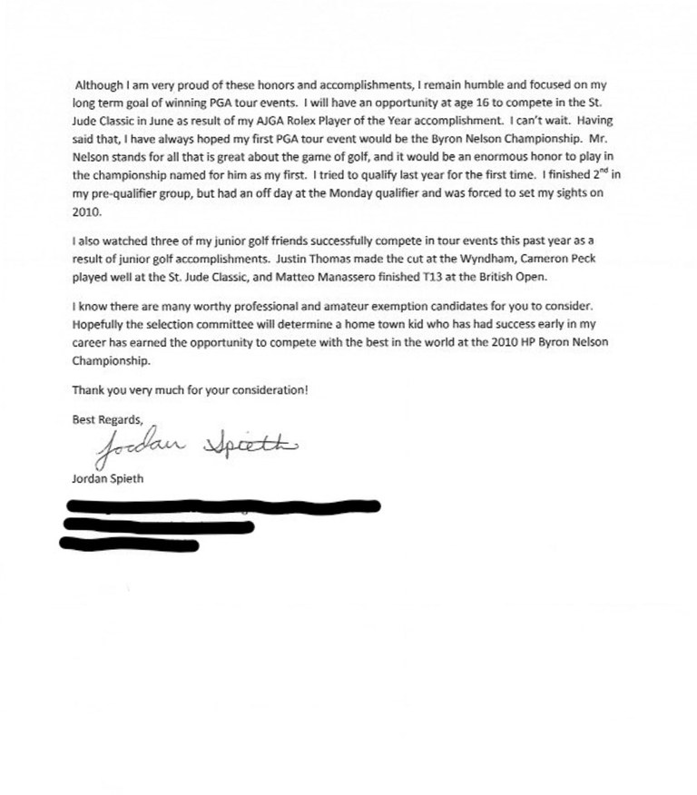 Jordan Spieth 2010 HP Byron Nelson letter page 2