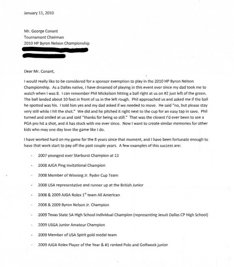 Jordan Spieth 2010 HP Byron Nelson letter page 1