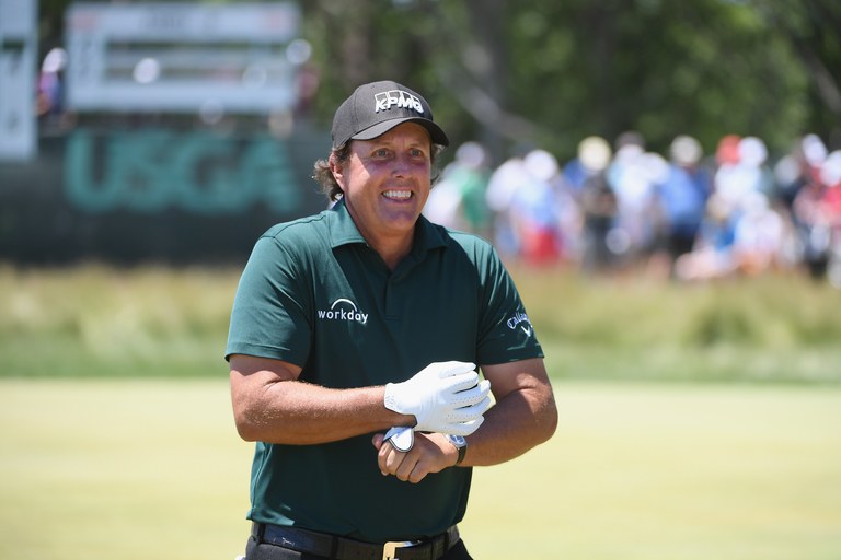 SOUTHAMPTON, NY - JUNE 16:  Phil Mickelson of the United States smiles on the third green during the third round of the 2018 U.S. Open at Shinnecock Hills Golf Club.