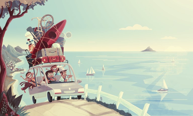 Excited children and stressed parents driving overburdened car on coastal road to holiday destination