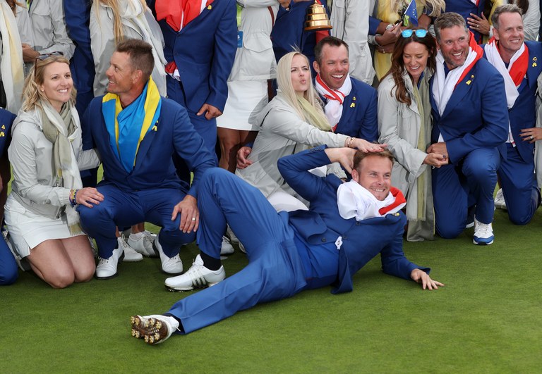 Team Europe's Tyrrell Hatton celebrates winning the Ryder Cup at Le Golf National, Saint-Quentin-en-Yvelines, Paris.