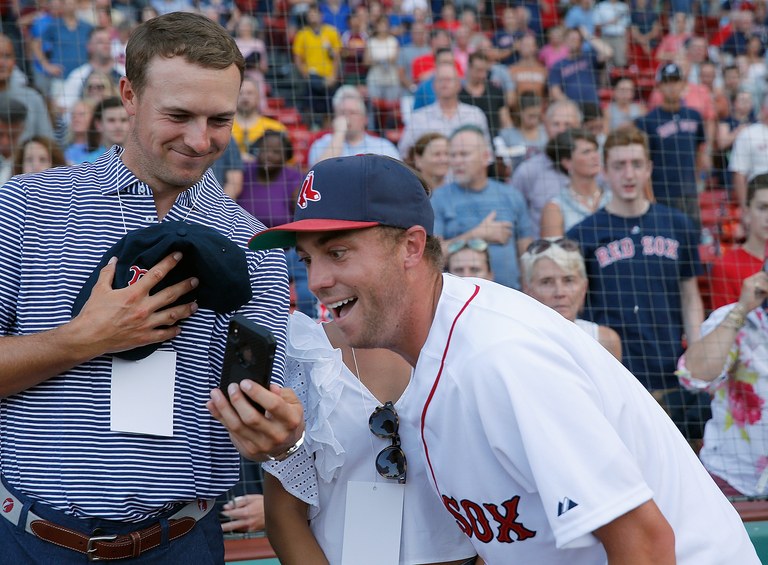 Justin Thomas Throws First Pitch At Boston Red Sox Game